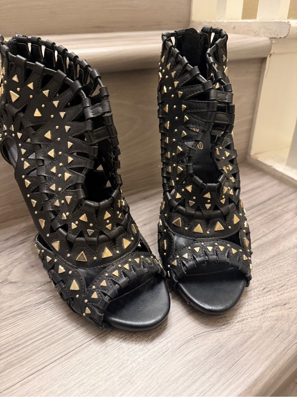 bebe Black Open-Toe Woven Heels with Gold Studs